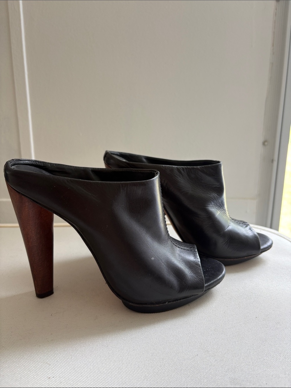 BCBGMaxAzria Black Leather Open-Peep Toe Mule with Wood-Tone Heel